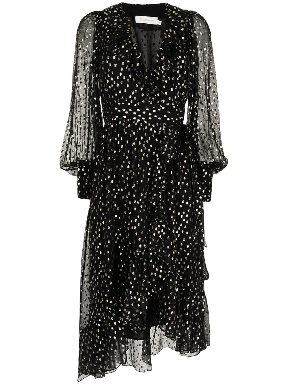 Zimmermann Lurex Wrap Midi Dress | Chiffon, Sheer, Lined, Dolman, Black / Gold