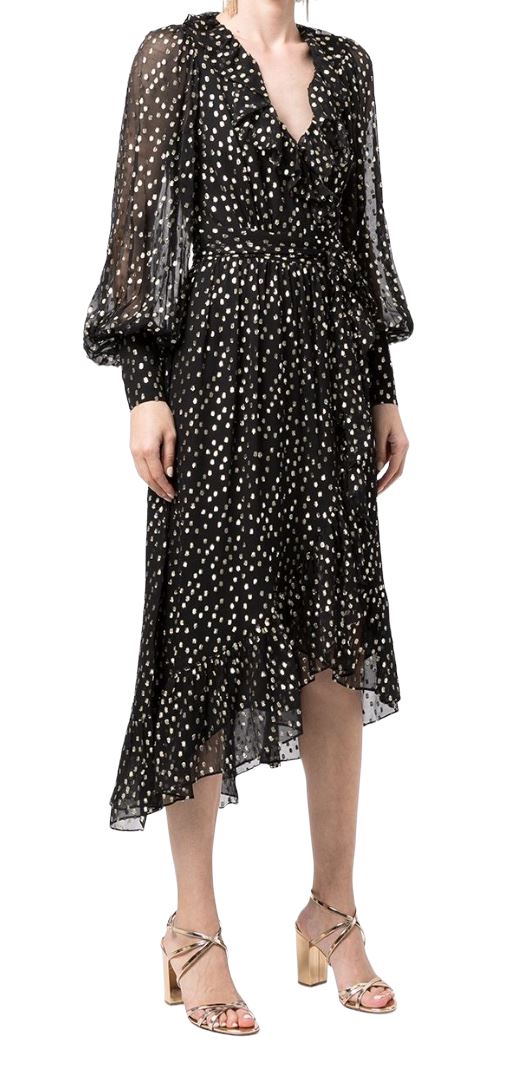 Zimmermann Lurex Wrap Midi Dress | Chiffon, Sheer, Lined, Dolman, Black / Gold