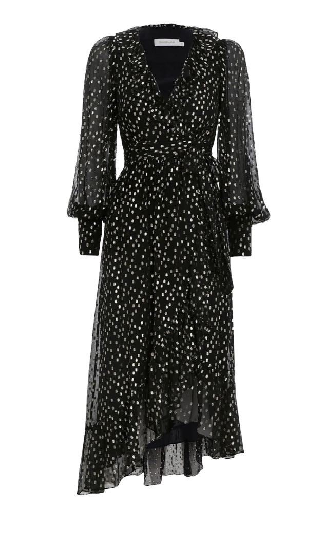 Zimmermann Lurex Wrap Midi Dress | Chiffon, Sheer, Lined, Dolman, Black / Gold