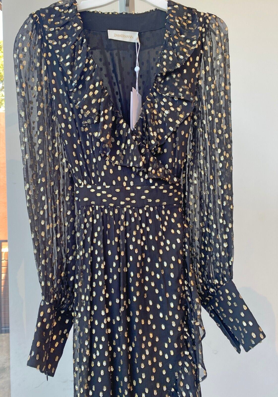Zimmermann Lurex Wrap Midi Dress | Chiffon, Sheer, Lined, Dolman, Black / Gold