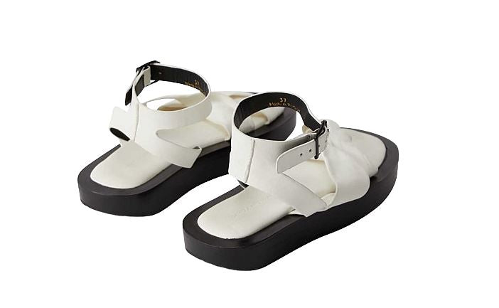 Camilla and Marc Twister Flat Sandal, White Platform, Soft Leather, Ankle Straps