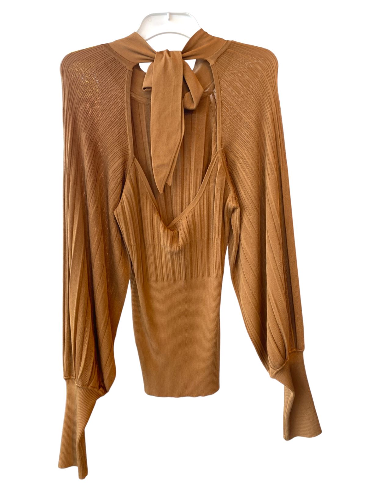 Zimmermann Ribbed Long Sleeve Top | Latte / Tan, Knit, Puff Sleeves, Tie Back