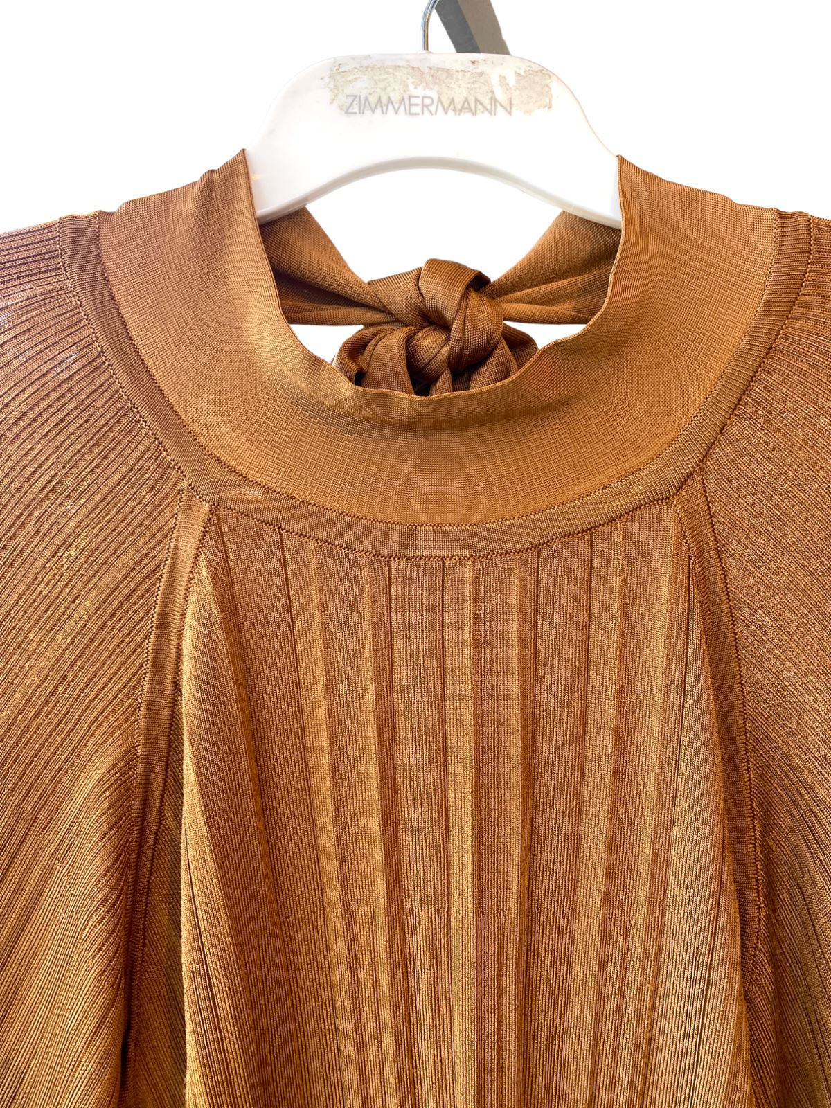 Zimmermann Ribbed Long Sleeve Top | Latte / Tan, Knit, Puff Sleeves, Tie Back