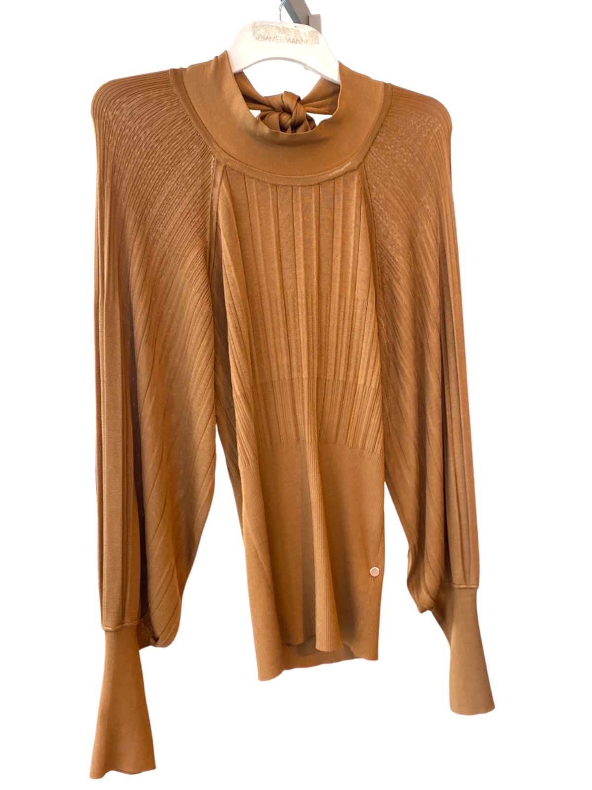 Zimmermann Ribbed Long Sleeve Top | Latte / Tan, Knit, Puff Sleeves, Tie Back