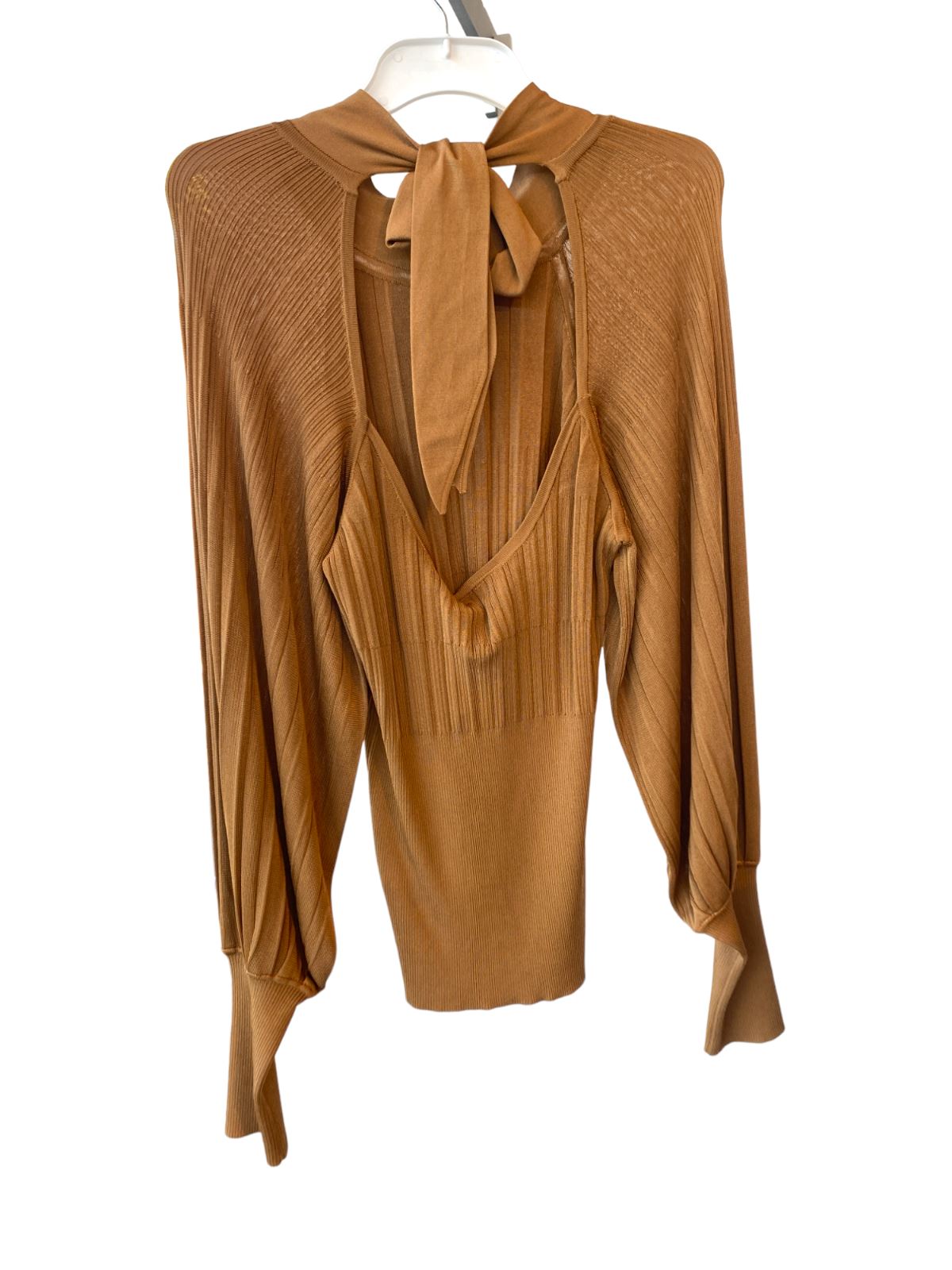 Zimmermann Ribbed Long Sleeve Top | Latte / Tan, Knit, Puff Sleeves, Tie Back