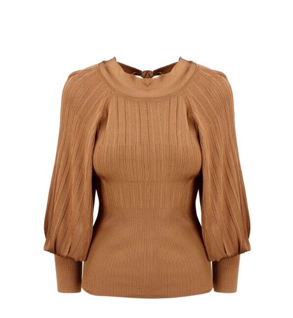 Zimmermann Ribbed Long Sleeve Top | Latte / Tan, Knit, Puff Sleeves, Tie Back