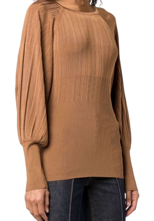 Zimmermann Ribbed Long Sleeve Top | Latte / Tan, Knit, Puff Sleeves, Tie Back