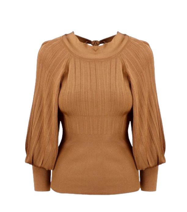 Zimmermann Ribbed Long Sleeve Top | Latte / Tan, Knit, Puff Sleeves, Tie Back