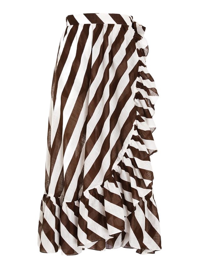 Zimmermann Lulu Frill Wrap Midi Skirt | Brown & White Stripe, Waist Tie, Cotton