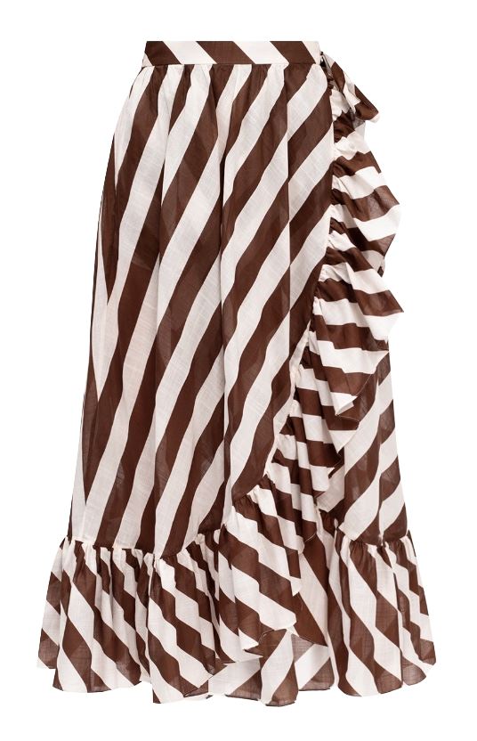 Zimmermann Lulu Frill Wrap Midi Skirt | Brown & White Stripe, Waist Tie, Cotton