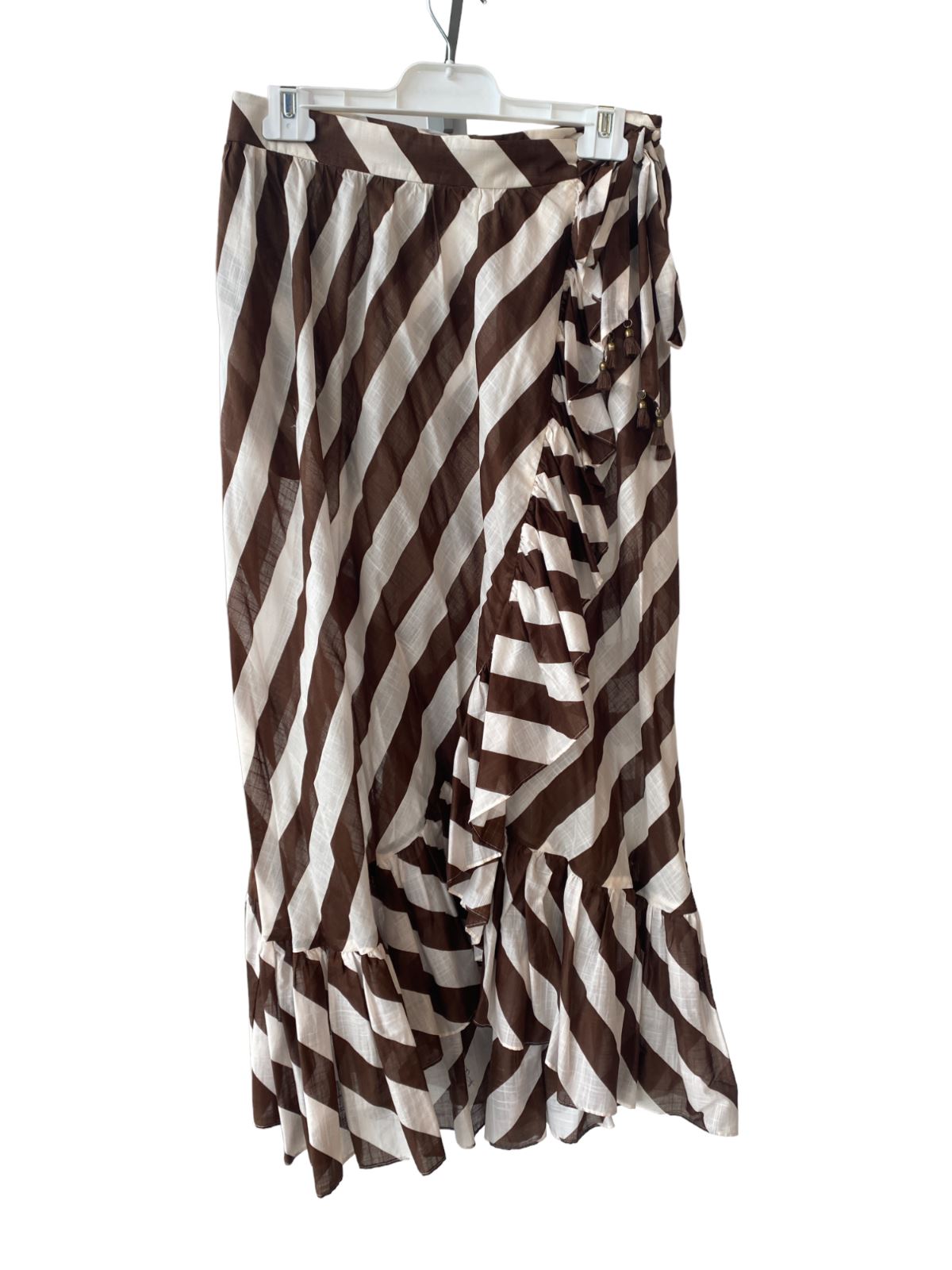 Zimmermann Lulu Frill Wrap Midi Skirt | Brown & White Stripe, Waist Tie, Cotton