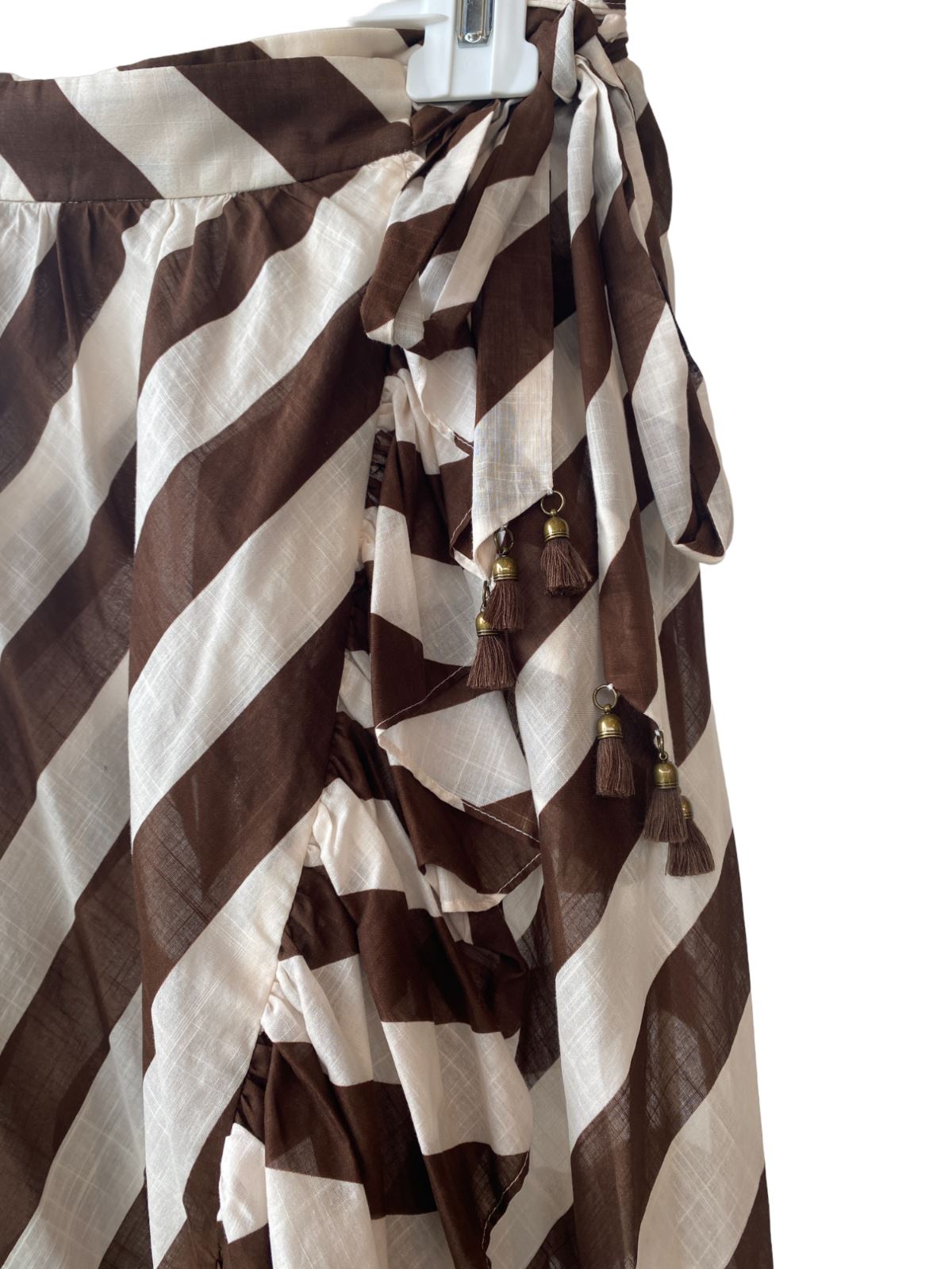 Zimmermann Lulu Frill Wrap Midi Skirt | Brown & White Stripe, Waist Tie, Cotton