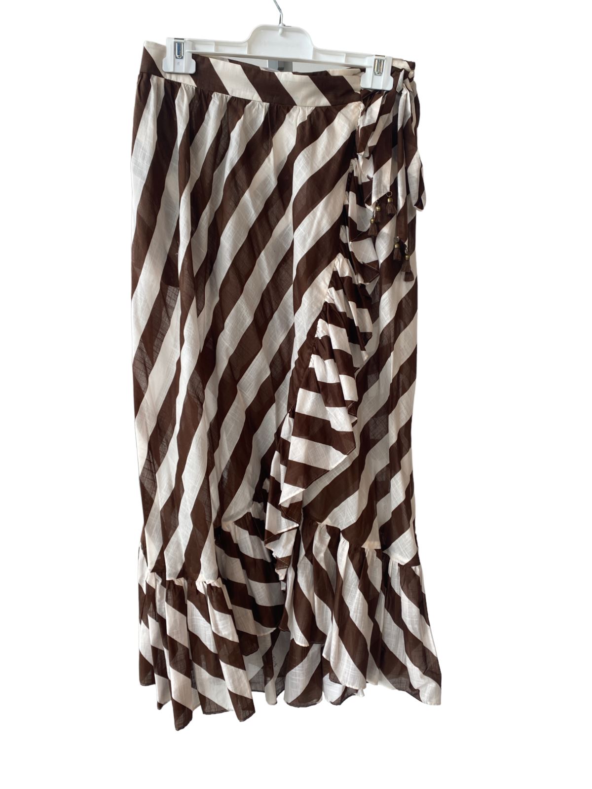 Zimmermann Lulu Frill Wrap Midi Skirt | Brown & White Stripe, Waist Tie, Cotton