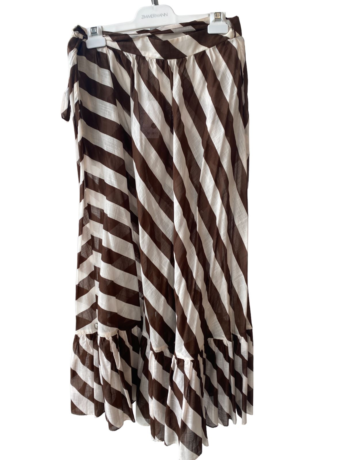 Zimmermann Lulu Frill Wrap Midi Skirt | Brown & White Stripe, Waist Tie, Cotton