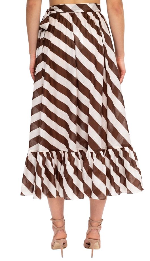 Zimmermann Lulu Frill Wrap Midi Skirt | Brown & White Stripe, Waist Tie, Cotton