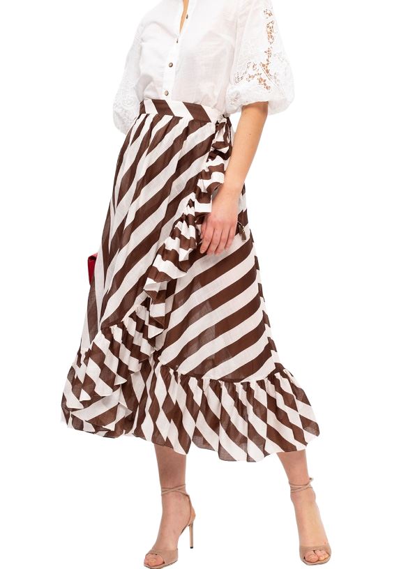 Zimmermann Lulu Frill Wrap Midi Skirt | Brown & White Stripe, Waist Tie, Cotton