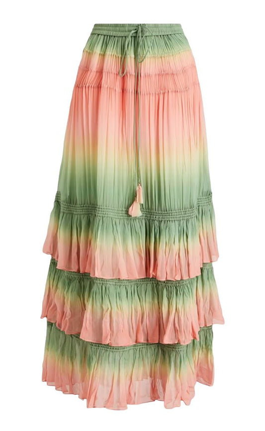 Zimmermann Postcard Tiered Skirt | Midi, Ombre, Green/Pink/White, Stretch Fabric