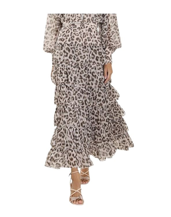 Zimmermann Dancer Tiered Skirt | Leopard Print, Cotton/Silk Blend, Belt w Logo