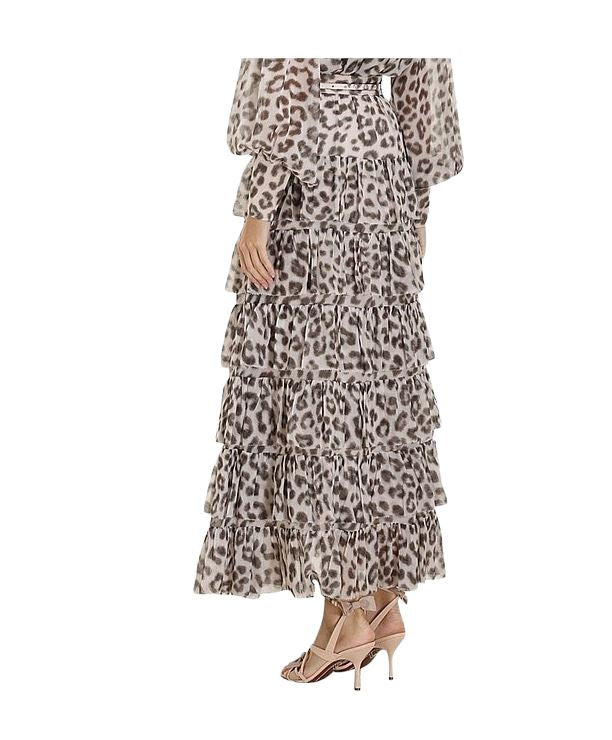 Zimmermann Dancer Tiered Skirt | Leopard Print, Cotton/Silk Blend, Belt w Logo