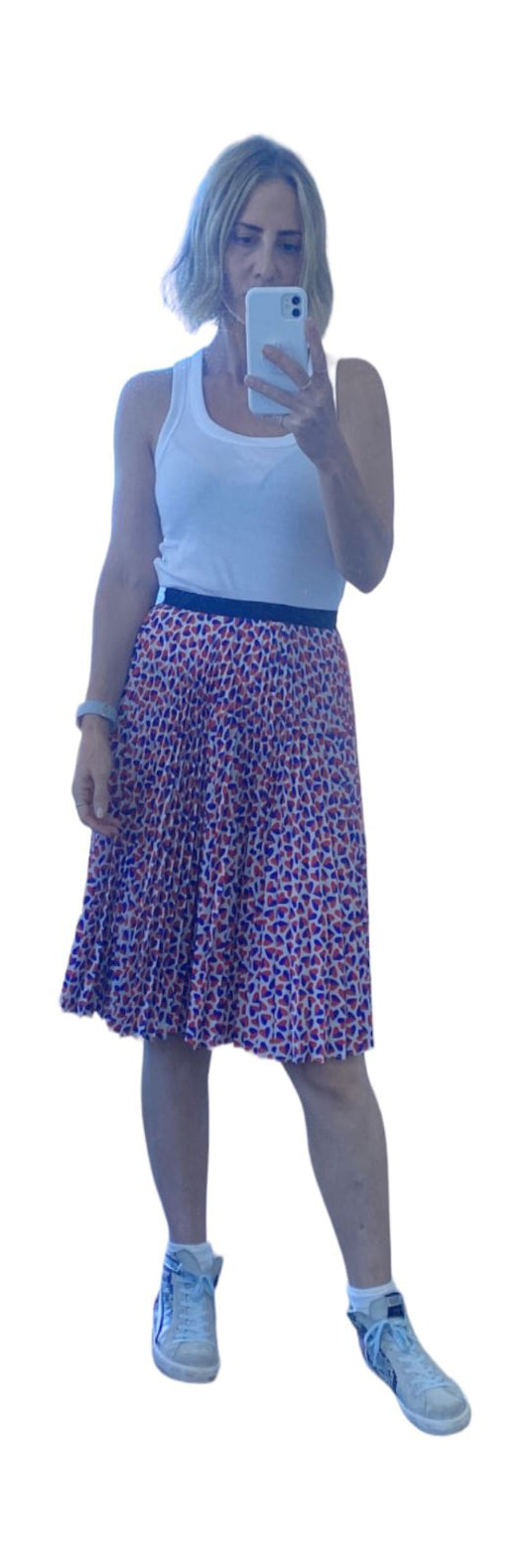 Paul Smith Pleated Midi Skirt | Size 40 / 8 AU,  Heart Print, Red, Blue, White