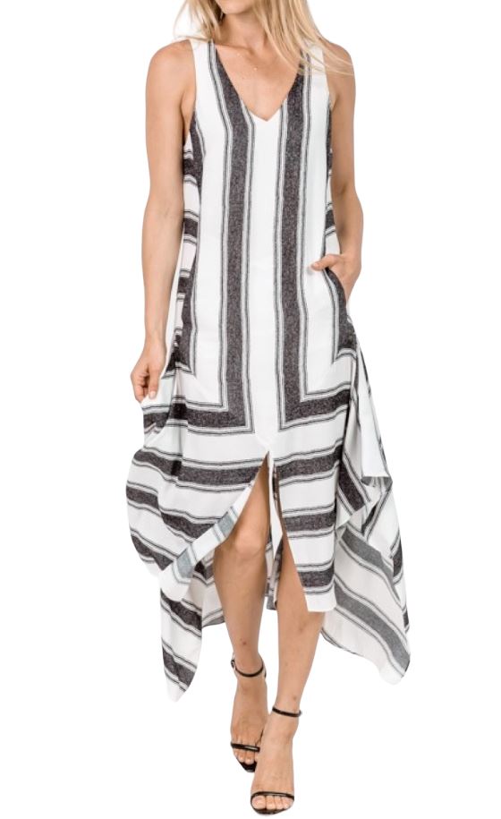 Sass & Bide Aspen Shiver Dress | Black & White Stripes, Asymmetrical, Maxi/Midi