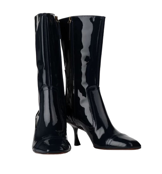 Zimmermann Patent Ankle Boots | Navy / Italian Made, Square Toe, Kitten Heel