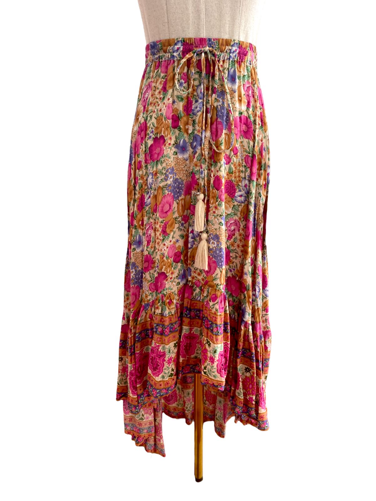 Wilde Bella Boho Floral Skirt | Sz S/M, High/Low, Tassels, Byron Bay Brand