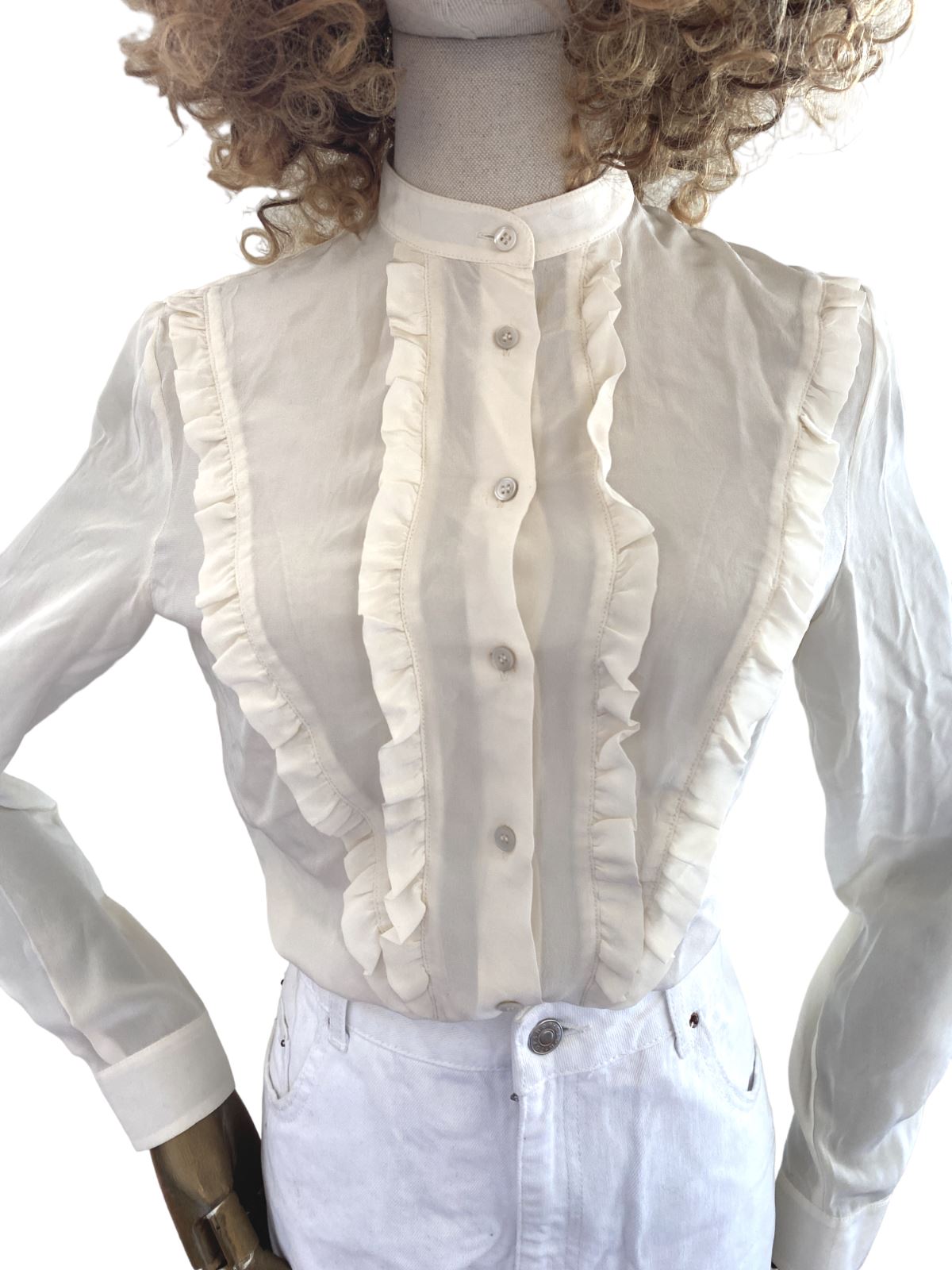 Miu Miu Silk Tuxedo Blouse | Cream Colour, Frills, Sz 38, Lightweight, Button Up