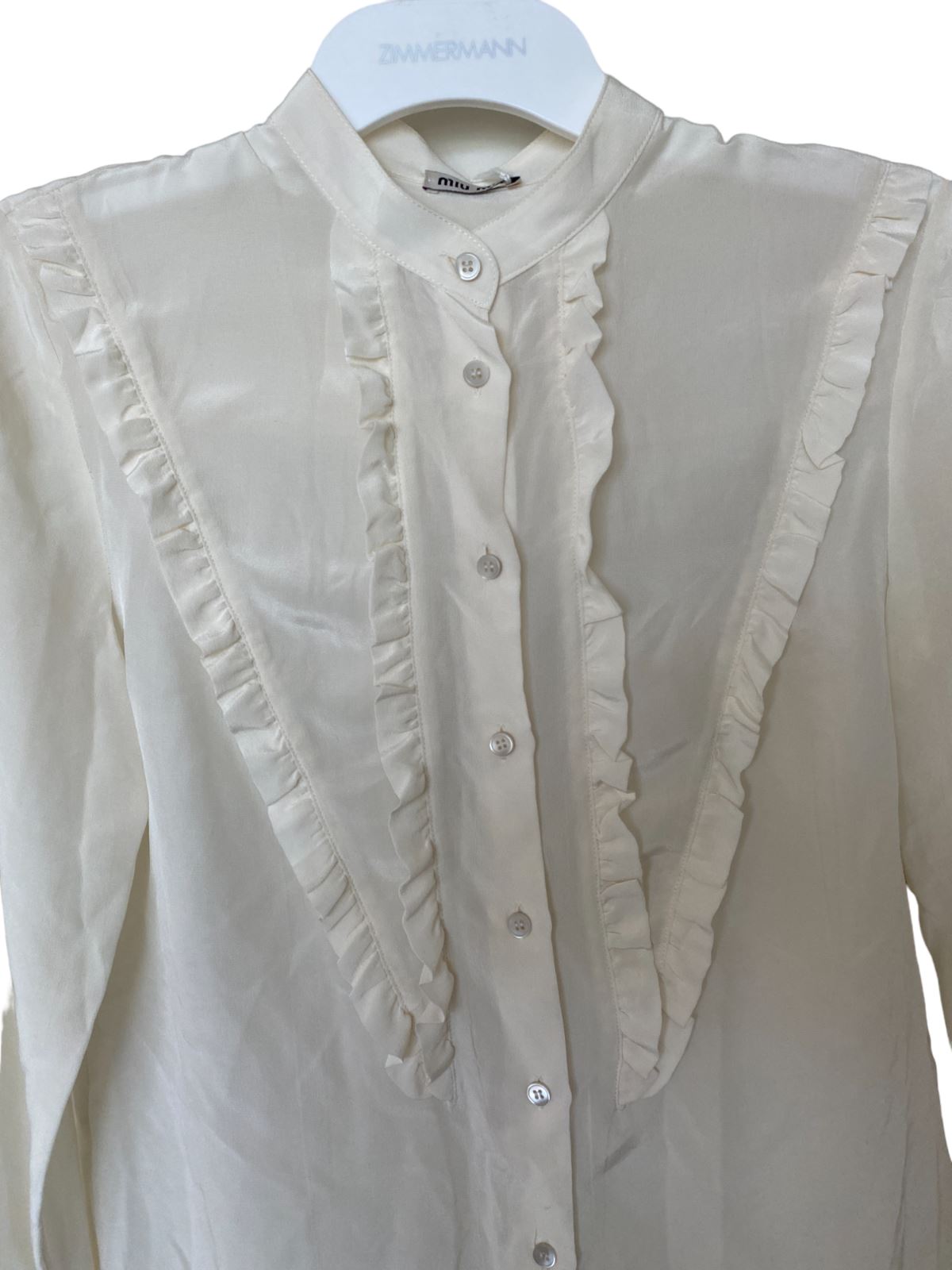 Miu Miu Silk Tuxedo Blouse | Cream Colour, Frills, Sz 38, Lightweight, Button Up