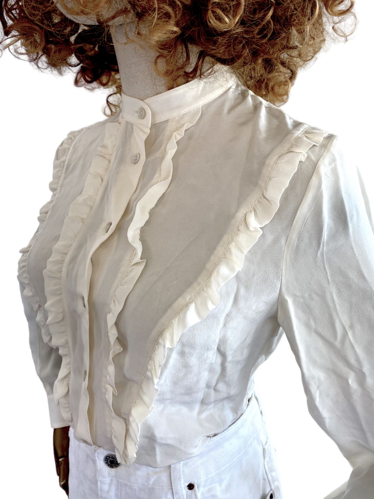 Miu Miu Silk Tuxedo Blouse | Cream Colour, Frills, Sz 38, Lightweight, Button Up