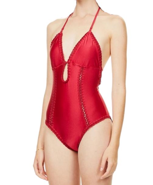 Zimmermann Lyre Keyhole Crochet One Piece | Burgundy / Dark red, Cotton Trimming