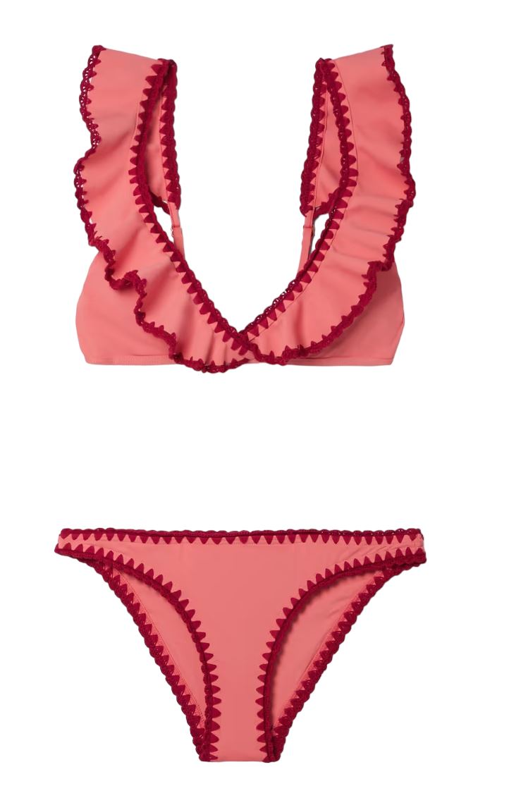 Zimmermann Lyre Crochet Frill Bikini | Pink/Red/Rose, Shoulder Frills, Padding