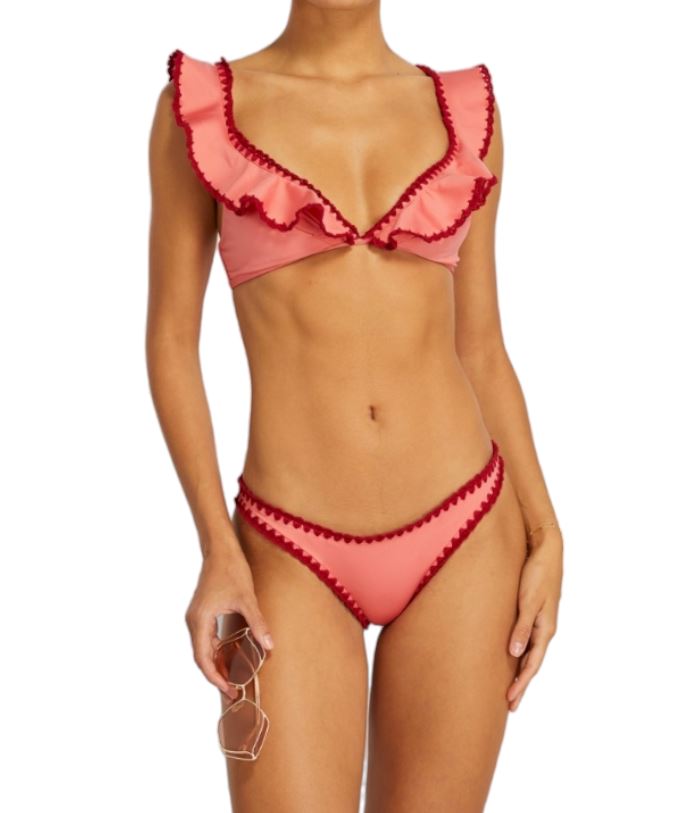 Zimmermann Lyre Crochet Frill Bikini | Pink/Red/Rose, Shoulder Frills, Padding