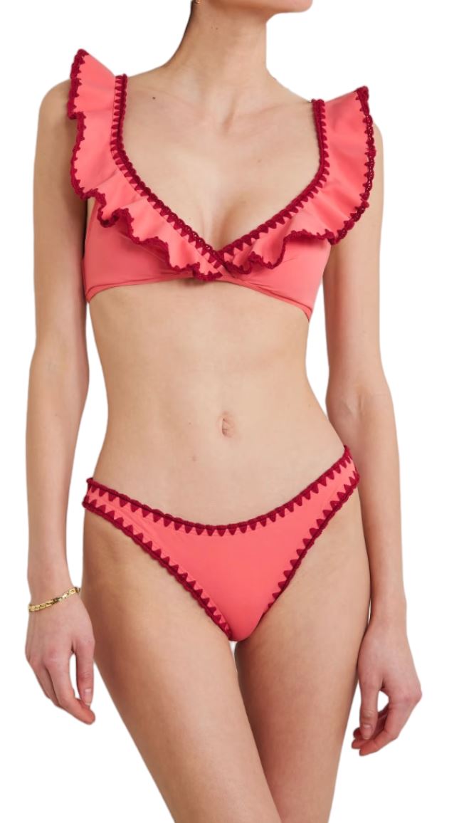 Zimmermann Lyre Crochet Frill Bikini | Pink/Red/Rose, Shoulder Frills, Padding