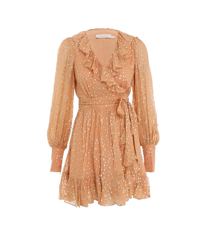 Zimmermann Lurex Wrap Mini Dress | Chiffon, Sheer, Lined, Dolman, Caramel / Gold