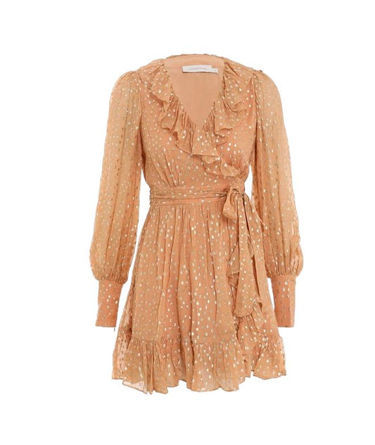 Zimmermann Lurex Wrap Mini Dress | Chiffon, Sheer, Lined, Dolman, Caramel / Gold