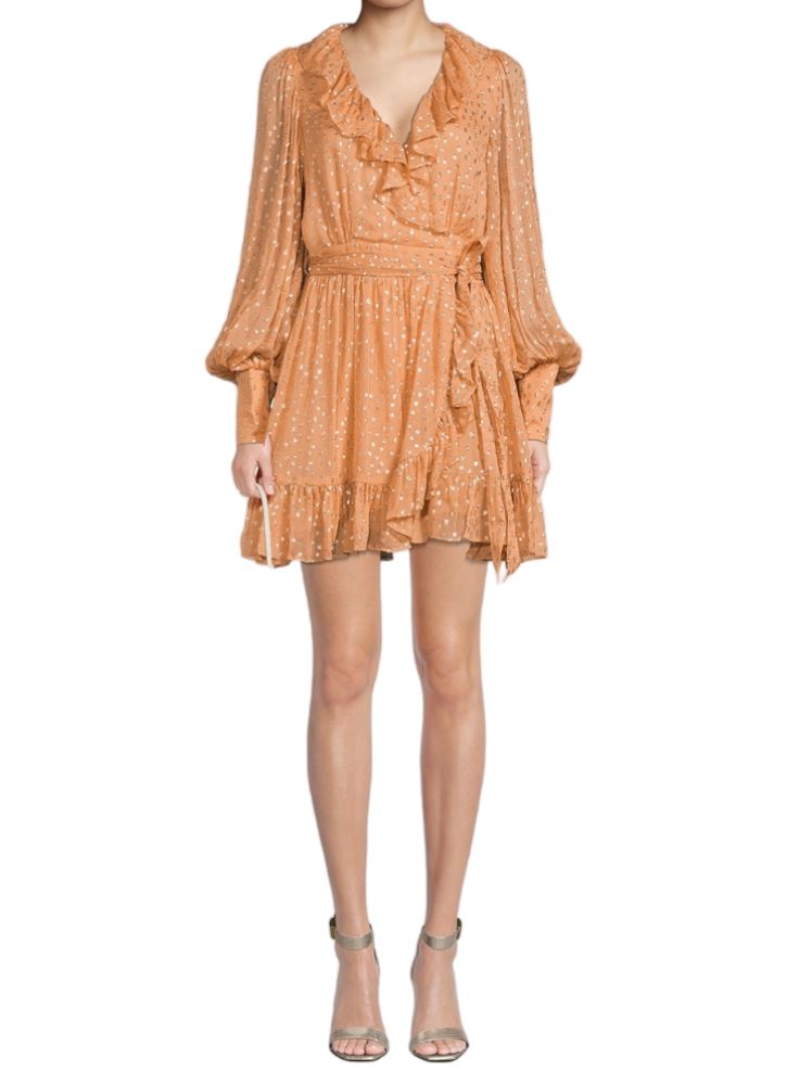 Zimmermann Lurex Wrap Mini Dress | Chiffon, Sheer, Lined, Dolman, Caramel / Gold