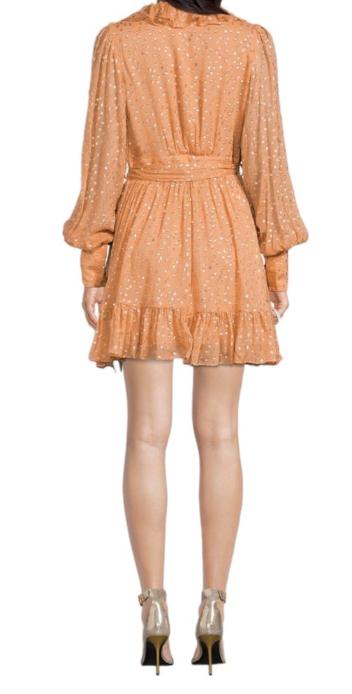 Zimmermann Lurex Wrap Mini Dress | Chiffon, Sheer, Lined, Dolman, Caramel / Gold