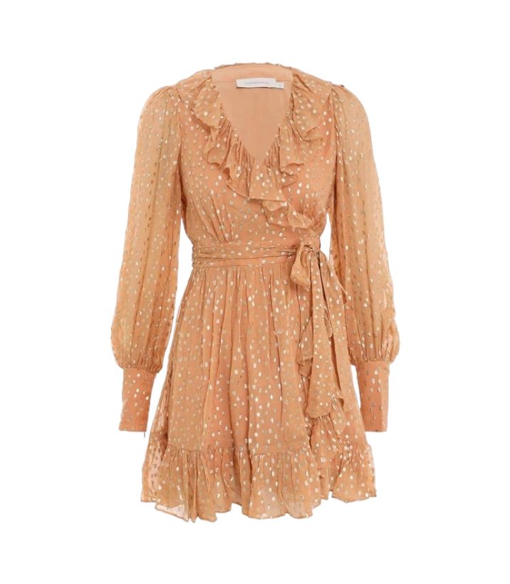 Zimmermann Lurex Wrap Mini Dress | Chiffon, Sheer, Lined, Dolman, Caramel / Gold