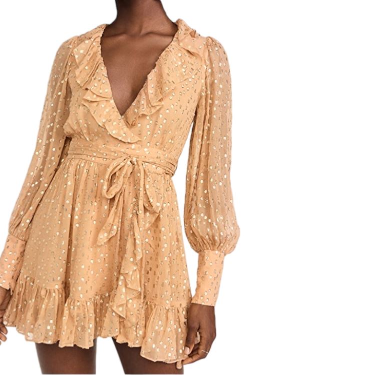 Zimmermann Lurex Wrap Mini Dress | Chiffon, Sheer, Lined, Dolman, Caramel / Gold