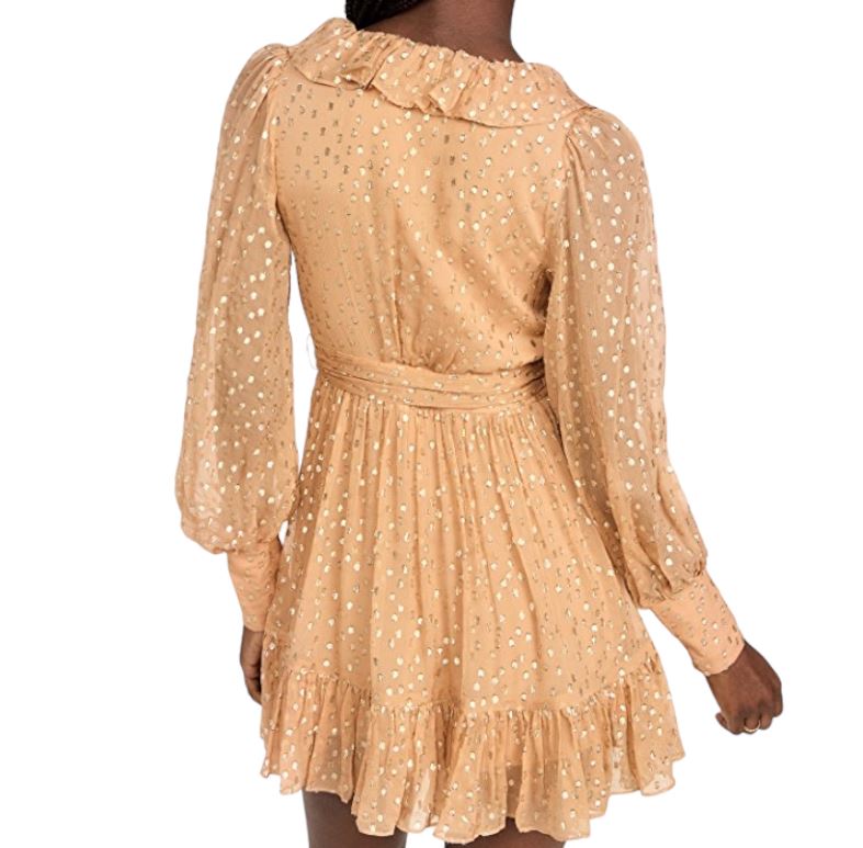 Zimmermann Lurex Wrap Mini Dress | Chiffon, Sheer, Lined, Dolman, Caramel / Gold