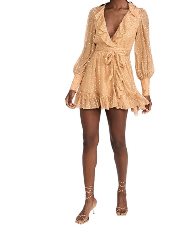 Zimmermann Lurex Wrap Mini Dress | Chiffon, Sheer, Lined, Dolman, Caramel / Gold