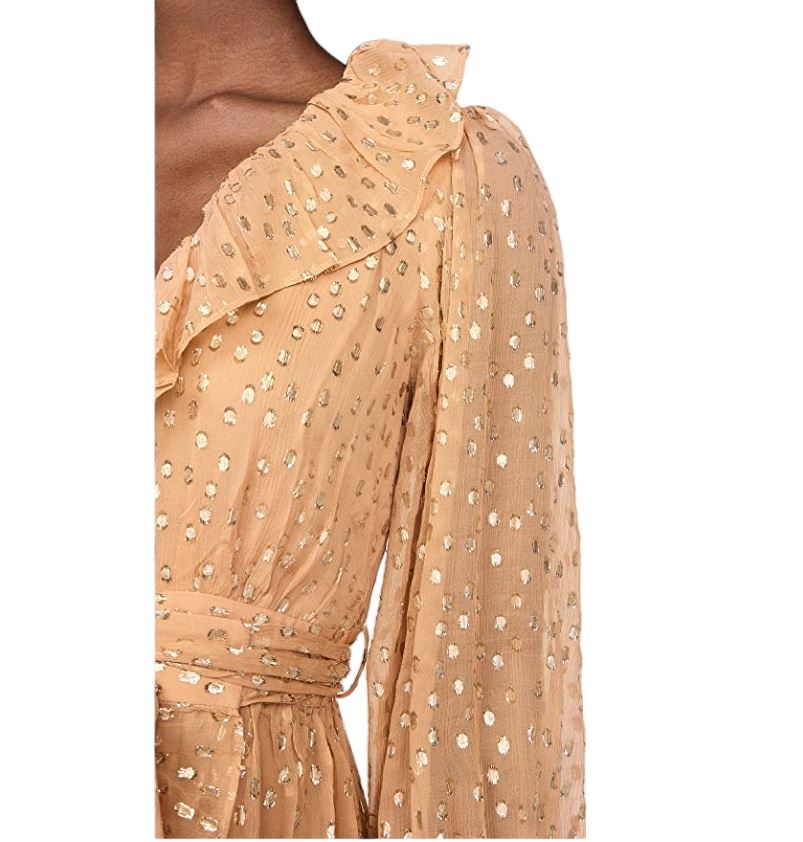 Zimmermann Lurex Wrap Mini Dress | Chiffon, Sheer, Lined, Dolman, Caramel / Gold