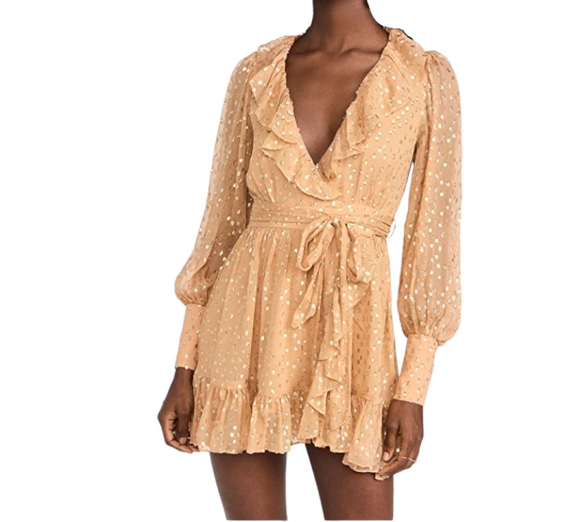 Zimmermann Lurex Wrap Mini Dress | Chiffon, Sheer, Lined, Dolman, Caramel / Gold