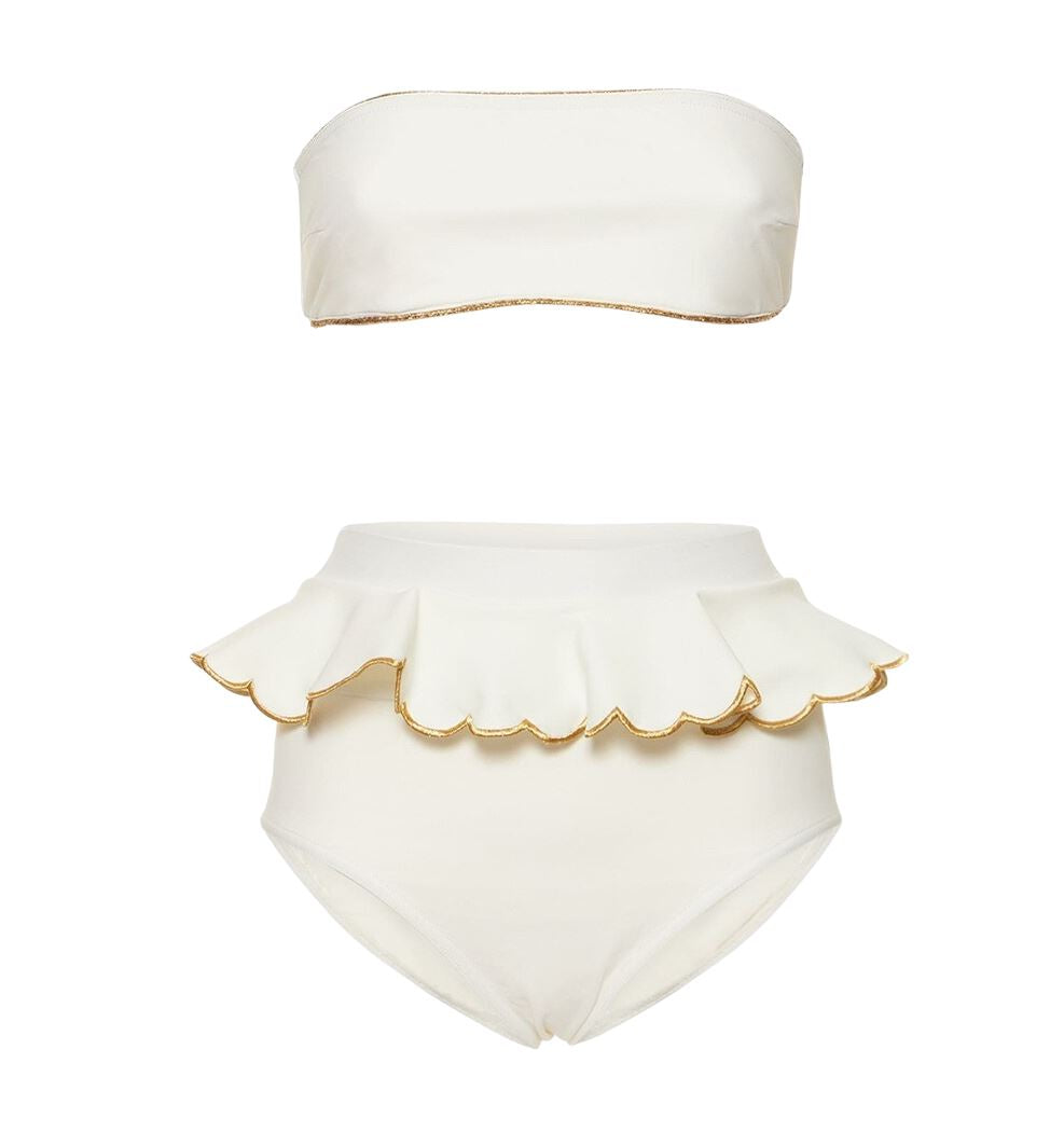 Zimmermann Jeannie Scallop Tiered Bikini | Ivory, Gold, High Waist, Bandeau