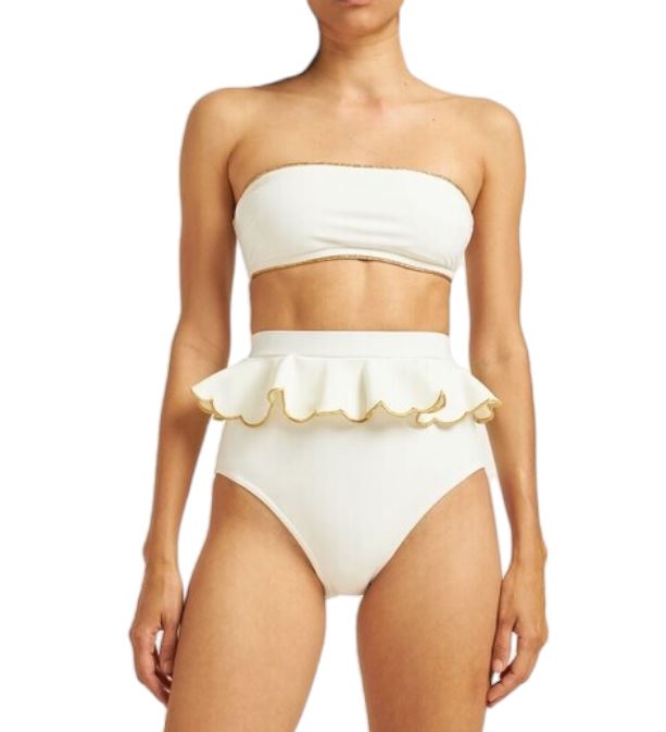 Zimmermann Jeannie Scallop Tiered Bikini | Ivory, Gold, High Waist, Bandeau