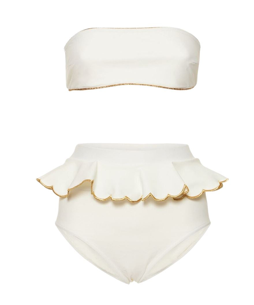 Zimmermann Jeannie Scallop Tiered Bikini | Ivory, Gold, High Waist, Bandeau
