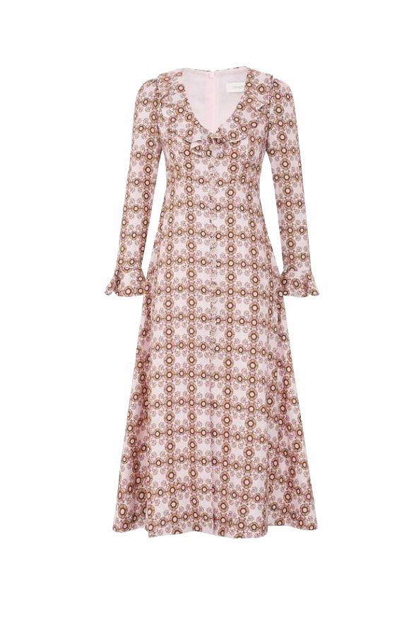 Zimmermann Daisy Midi Dress | Linen, Floral, Applique Daisy Buttons, Neck Frill