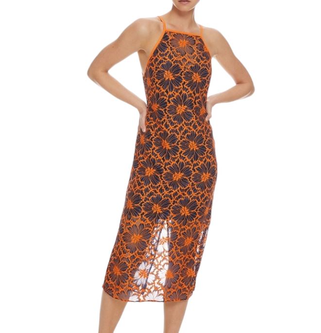 CUE Cue Contrast Floral Midi Dress | Lace Overlay, Navy & Orange, Partial Lining