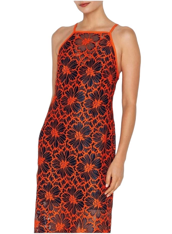 CUE Cue Contrast Floral Midi Dress | Lace Overlay, Navy & Orange, Partial Lining